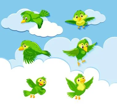 Set of bird character on sky background Stock Illustration