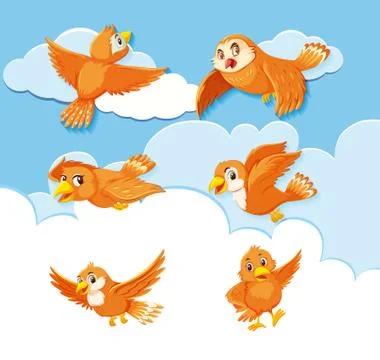 Set of bird character on sky background Stock Illustration