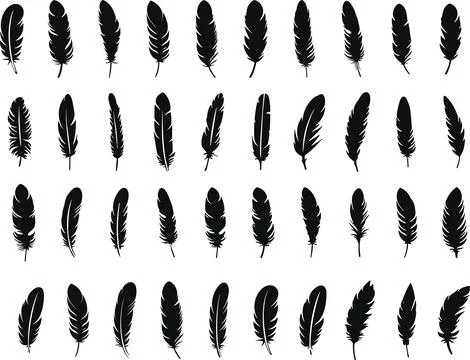 Set of Bird Feather. Feathers vector in a flat style. Pen icon. Black quill.. Stock Illustration