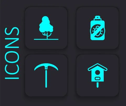 Set Bird house, Fruit tree, Spray against insects and Pickaxe icon. Black square Stock Illustration