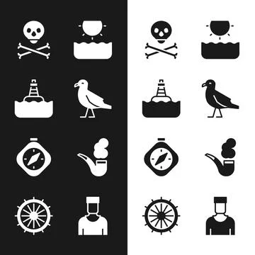 Set Bird seagull, Floating buoy, Skull on crossbones, Sun, Compass, Smoking.. Illustrazione stock