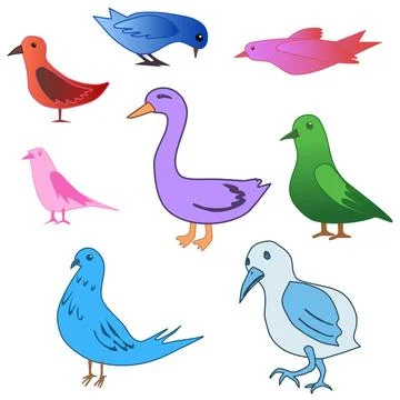 A set of birds of different colors. Vector cartoon illustration childish style Stock Illustration