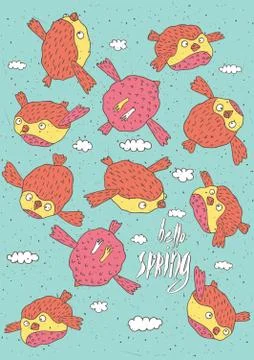 Set of birds with hello spring Stock Illustration