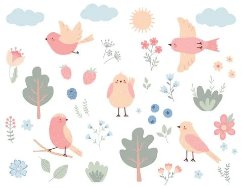 Set with birds, trees, flowers, clouds and the sun Stock Illustration