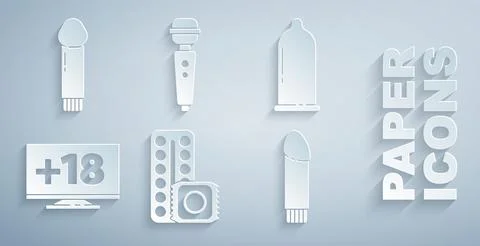 Set Birth control pills and condom, Condom, Monitor with 18 plus content, Dildo Stock Illustration