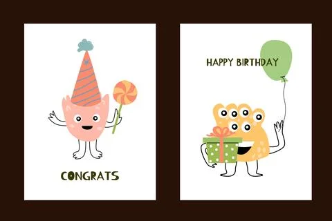 Set of birthday anniversary posters with cute monsters Stock Illustration