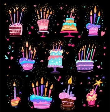 Set of Birthday cakes in a fun hand drawn style Stock Illustration