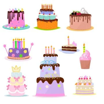 Set of birthday cakes party elements isolated on white background Stock Illustration