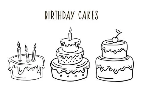 A set of birthday cakes. Vector drawing in a linear style. Cake drawing. Stock Illustration