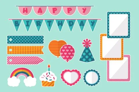 Set of birthday decorative scrapbook elements Stock Illustration