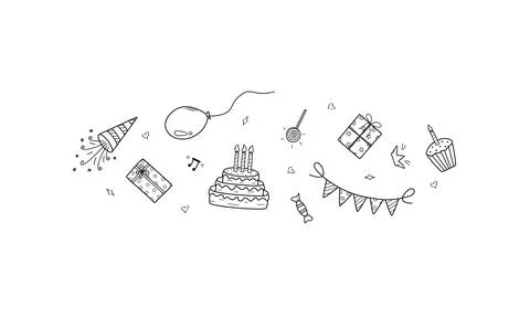 Set of Birthday doodle icons. Vector illustration, party concept. Sketch el.. Stockillustratie
