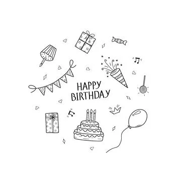 Set of Birthday doodle icons. Vector illustration, party concept. Sketch el.. Stockillustratie