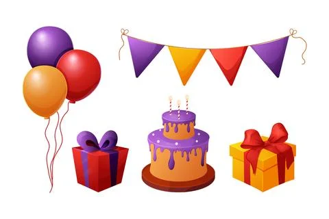 Set birthday elements, celebration cake and presents, garland and balloons Illustrazione stock