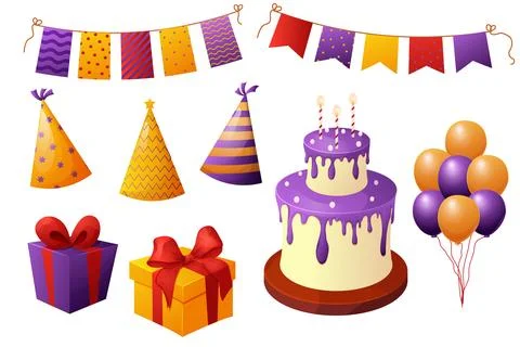 Set birthday elements, celebration cake and presents, garland and balloons Stock Illustration