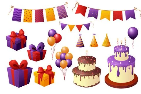 Set birthday elements, celebration cake and presents, garland and balloons Stock Illustration
