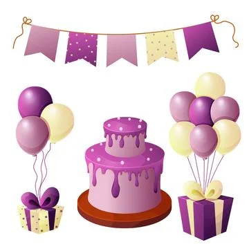 Set birthday elements, celebration cake and presents, garland and balloons Stock Illustration