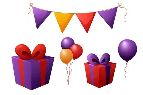 Set birthday elements, celebration presents, garland and balloons, party in Stock Illustration