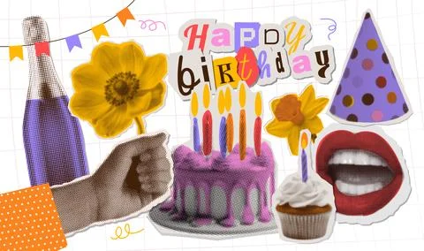 Set of birthday elements. Dotted halftone Collage design elements set in trendy Stock Illustration