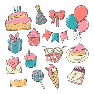 Set of birthday elements hand-drawn vector illustration Stock Illustration