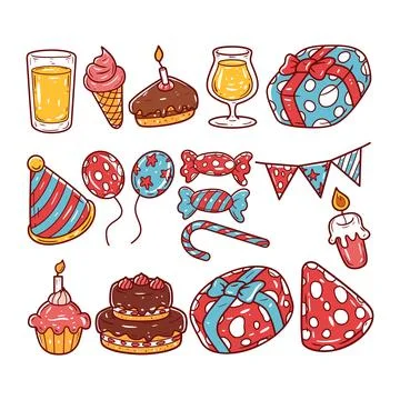 Set of birthday elements hand-drawn vector illustration Stock Illustration