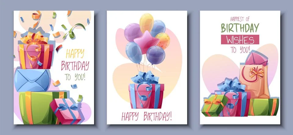 Set birthday greeting card design. Banner, flyer template with colorful ballo Stock Illustration