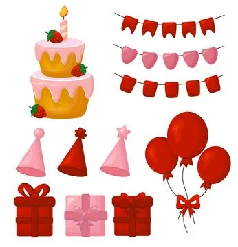 Set of birthday party decor elements. Cake, birthday caps, gift boxes, balloons. Stock Illustration