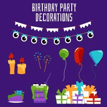 Set of birthday party decoration elements flat vector illustration isolated. 스톡 일러스트