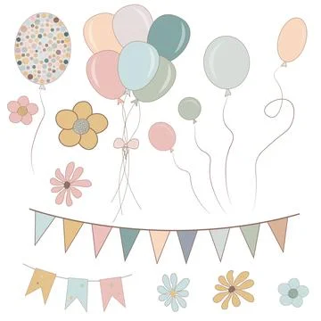 Set of birthday party design elements. Colorful balloons, flags, flowers. V.. Stock Illustration