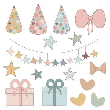 Set of birthday party design elements. Colorful flags, hearts, gifts, stars.. Stock Illustration