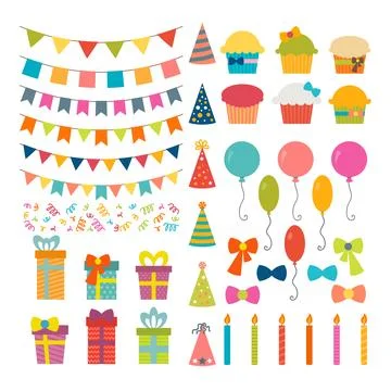 Set of birthday party design elements. Colorful balloons, flags, confetti, .. Stock Illustration