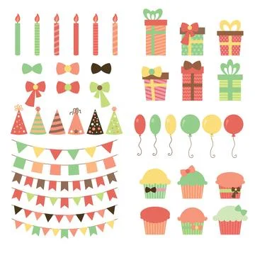 Set of birthday party design elements. Colorful balloons, flags, confetti, .. Illustrazione stock
