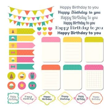 Set of Birthday party design elements. Template for notebooks. Monthly plan.. Stock Illustration