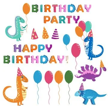 Set of Birthday party elements with funny dinosaurs Stockillustratie