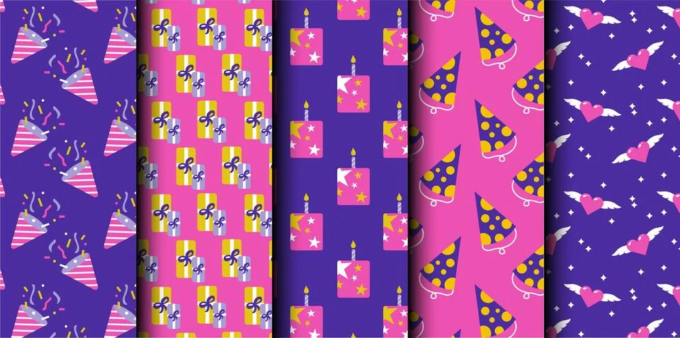 Set of birthday vector seamless pattern. Happy Birthday. Stock Illustration