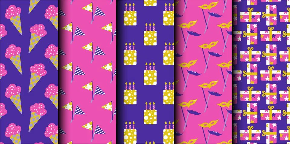 Set of birthday vector seamless pattern. Happy Birthday. Stock Illustration
