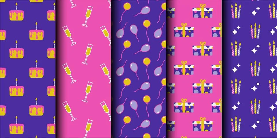 Set of birthday vector seamless pattern. Happy Birthday. Illustrazione stock