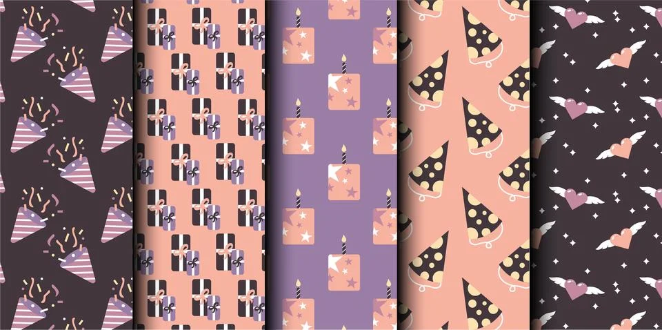 Set of birthday vector seamless pattern. Happy Birthday. Stock Illustration