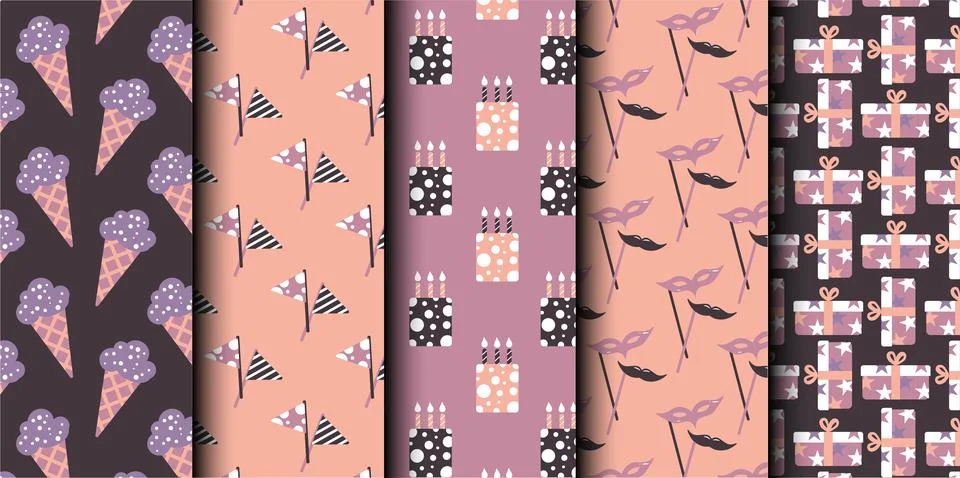 Set of birthday vector seamless pattern. Happy Birthday. Stock Illustration