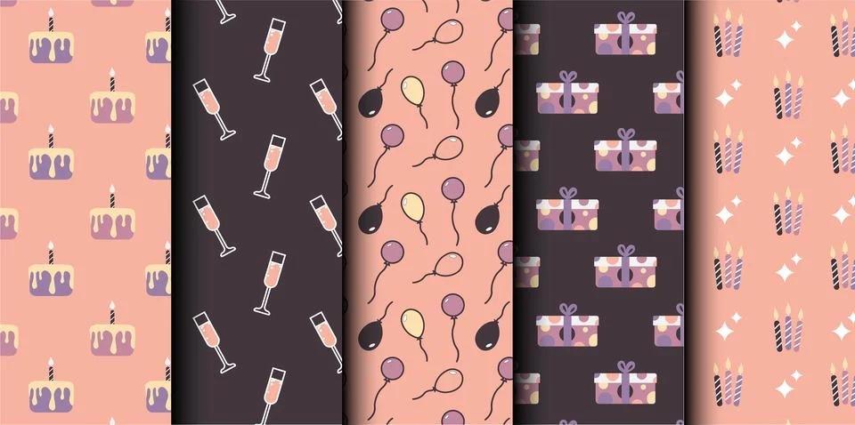 Set of birthday vector seamless pattern. Happy Birthday. Stock Illustration