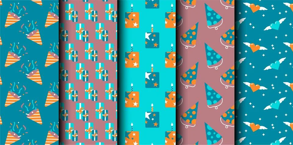 Set of birthday vector seamless pattern. Happy Birthday. Stock Illustration