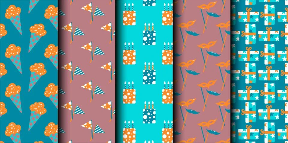 Set of birthday vector seamless pattern. Happy Birthday. Stock Illustration