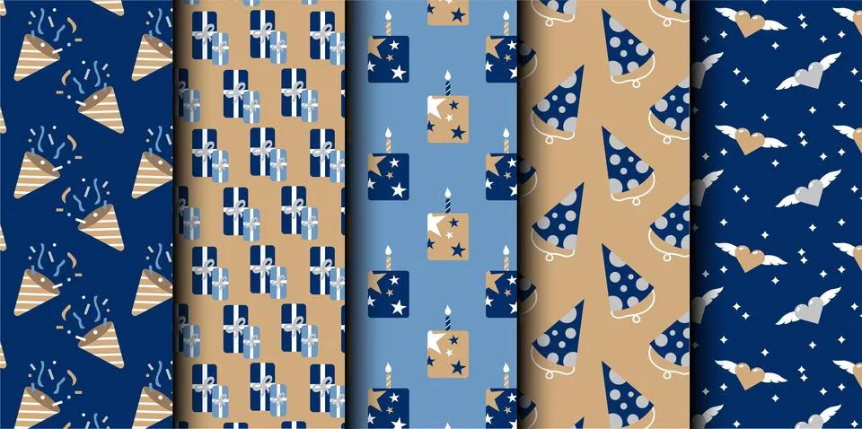 Set of birthday vector seamless pattern. Happy Birthday. Stock Illustration