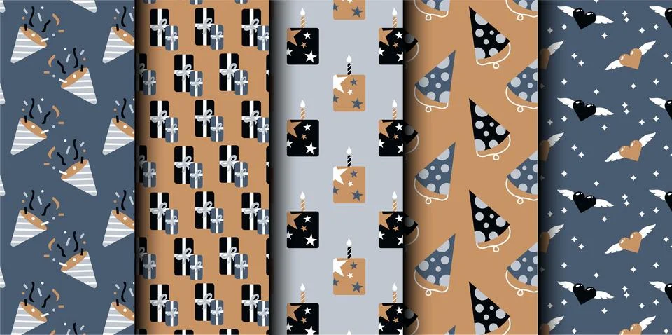 Set of birthday vector seamless pattern. Happy Birthday. Stock Illustration