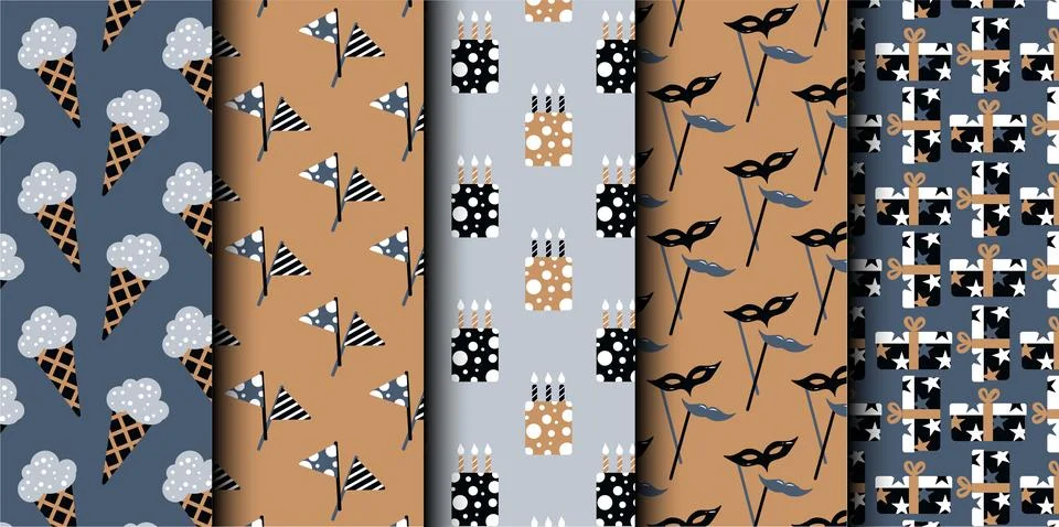 Set of birthday vector seamless pattern. Happy Birthday. Stock Illustration