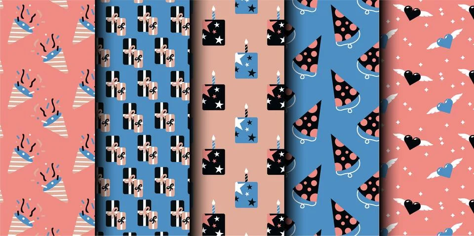 Set of birthday vector seamless pattern. Happy Birthday. Stock Illustration