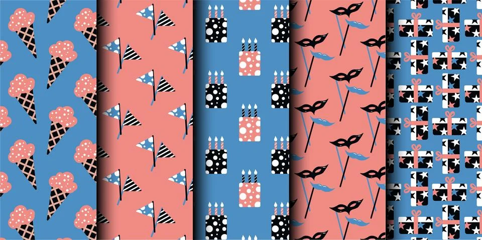 Set of birthday vector seamless pattern. Happy Birthday. Stock Illustration