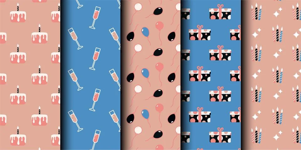 Set of birthday vector seamless pattern. Happy Birthday. Stock Illustration
