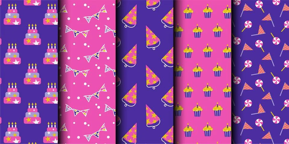 Set of birthday vector seamless pattern. Happy Birthday. Stock Illustration