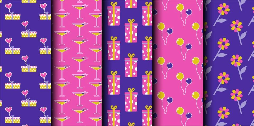Set of birthday vector seamless pattern. Happy Birthday. Stock Illustration