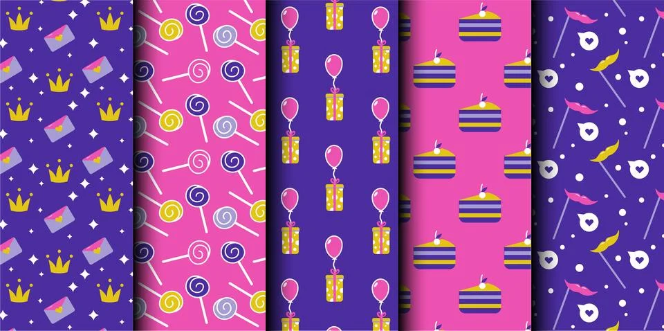 Set of birthday vector seamless pattern. Happy Birthday. Stock Illustration